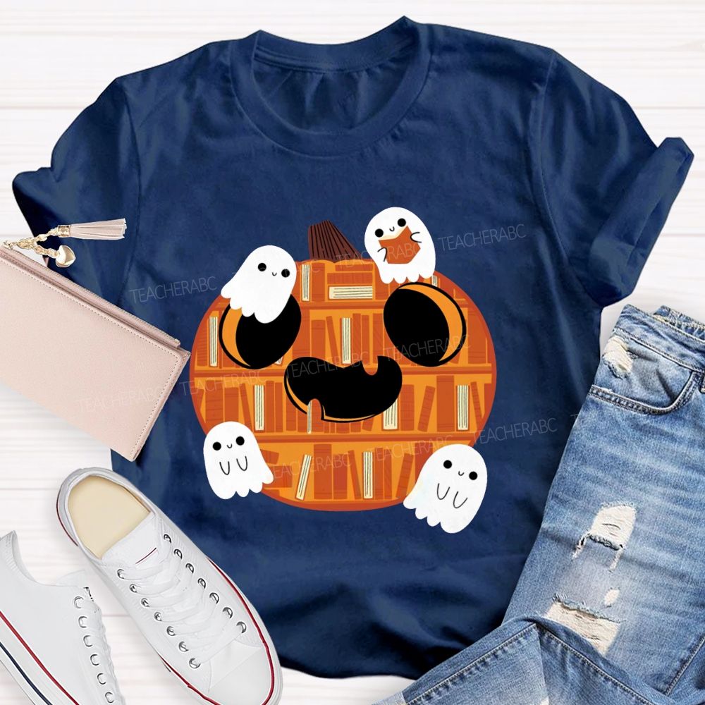 Bookshelf Pumpkin Cute Ghosts Teacher T-shirt