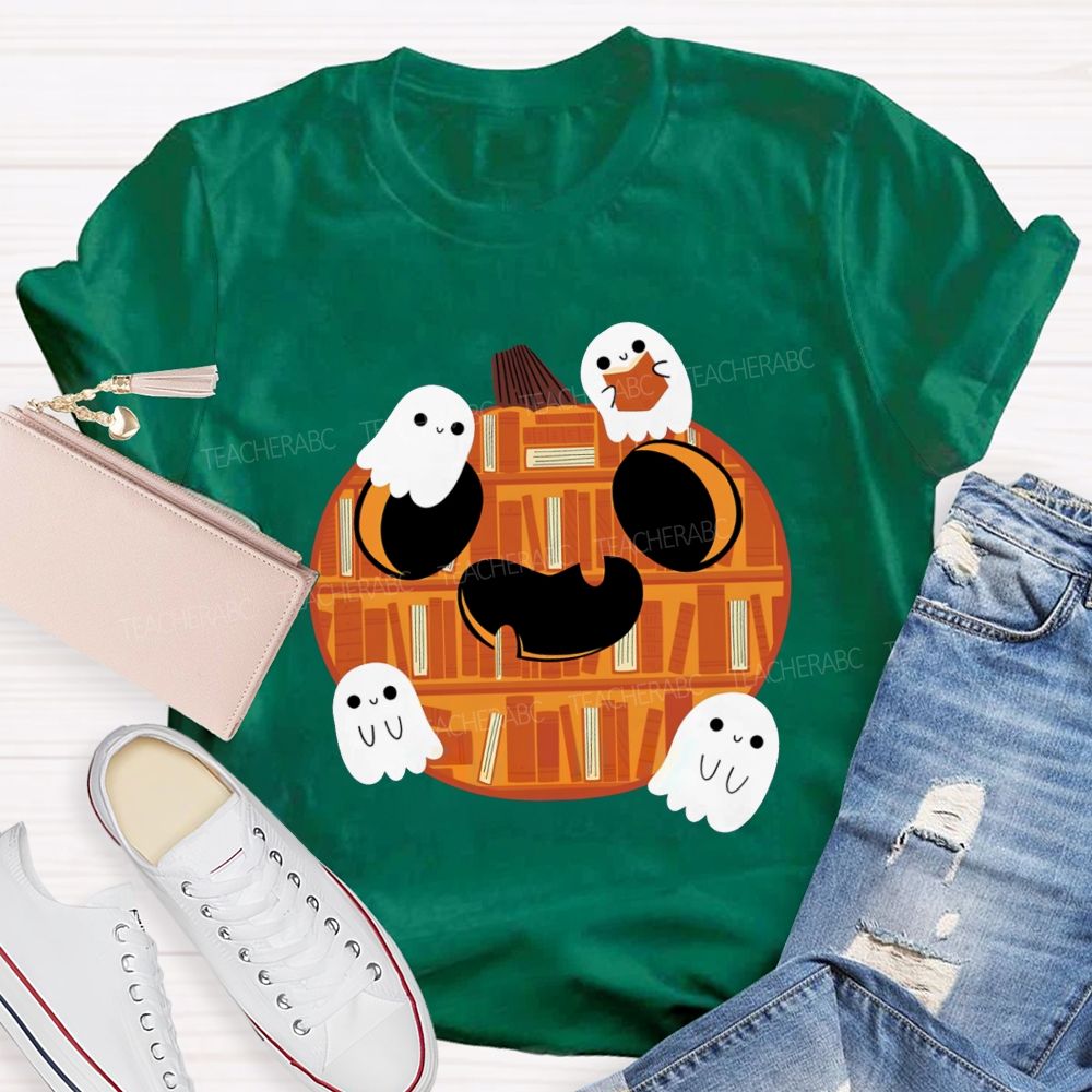 Bookshelf Pumpkin Cute Ghosts Teacher T-shirt