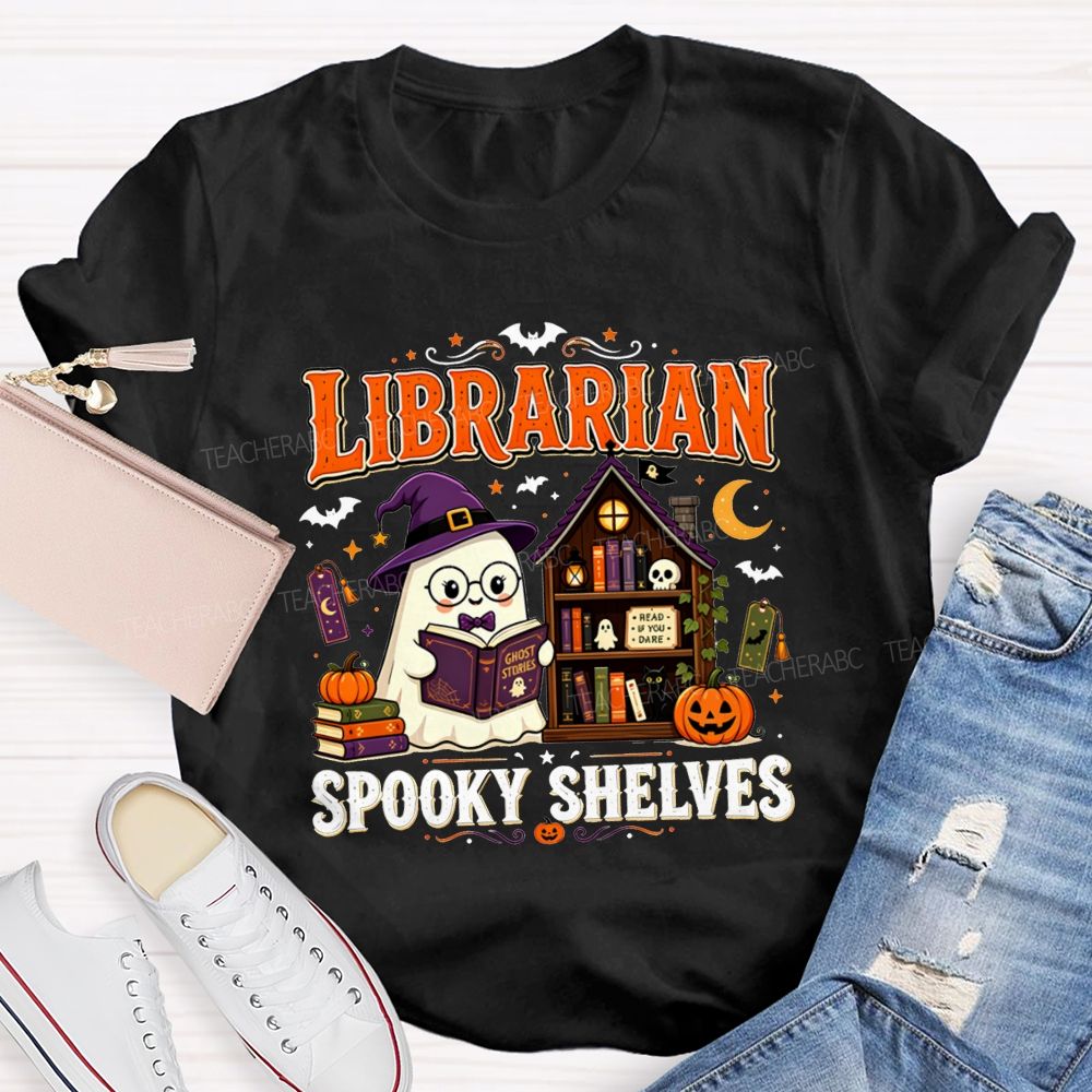 Librarian Spooky Shelves Ghost Witch Hat Halloween Librarian T-shirt