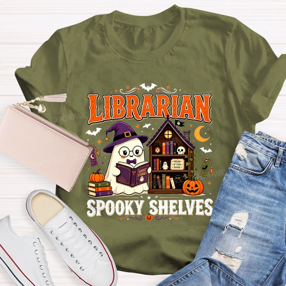 Librarian Spooky Shelves Ghost Witch Hat Halloween Librarian T-shirt