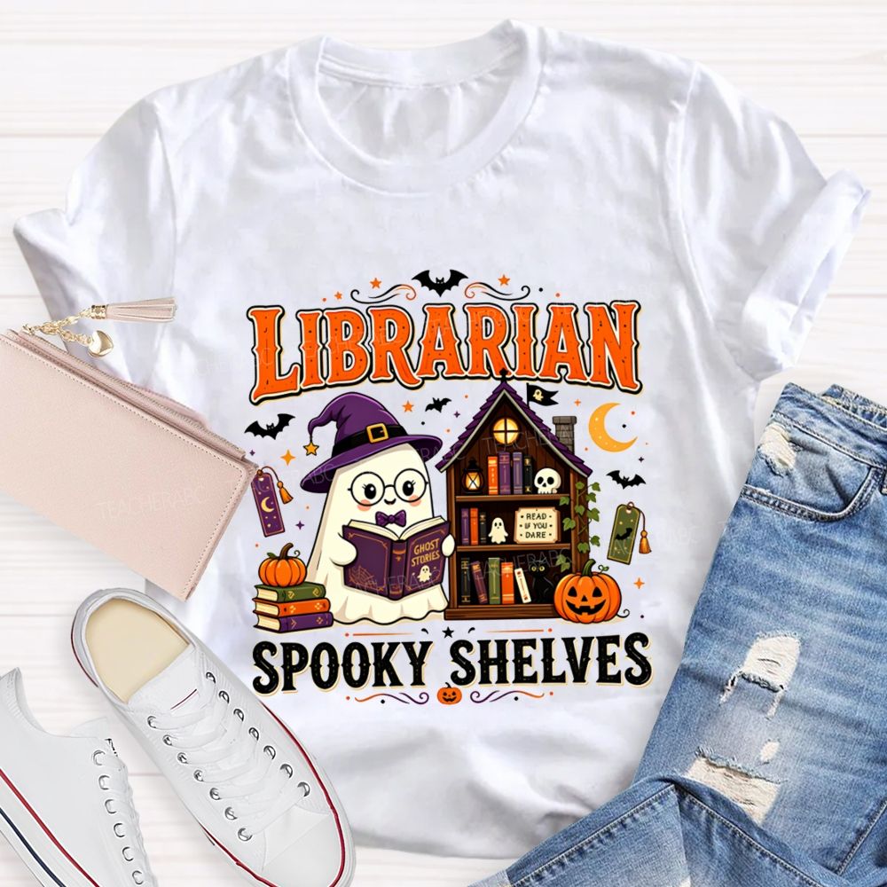 Librarian Spooky Shelves Ghost Witch Hat Halloween Librarian T-shirt