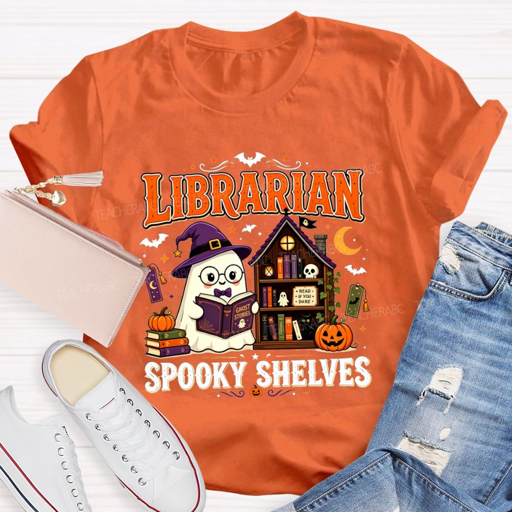 Librarian Spooky Shelves Ghost Witch Hat Halloween Librarian T-shirt