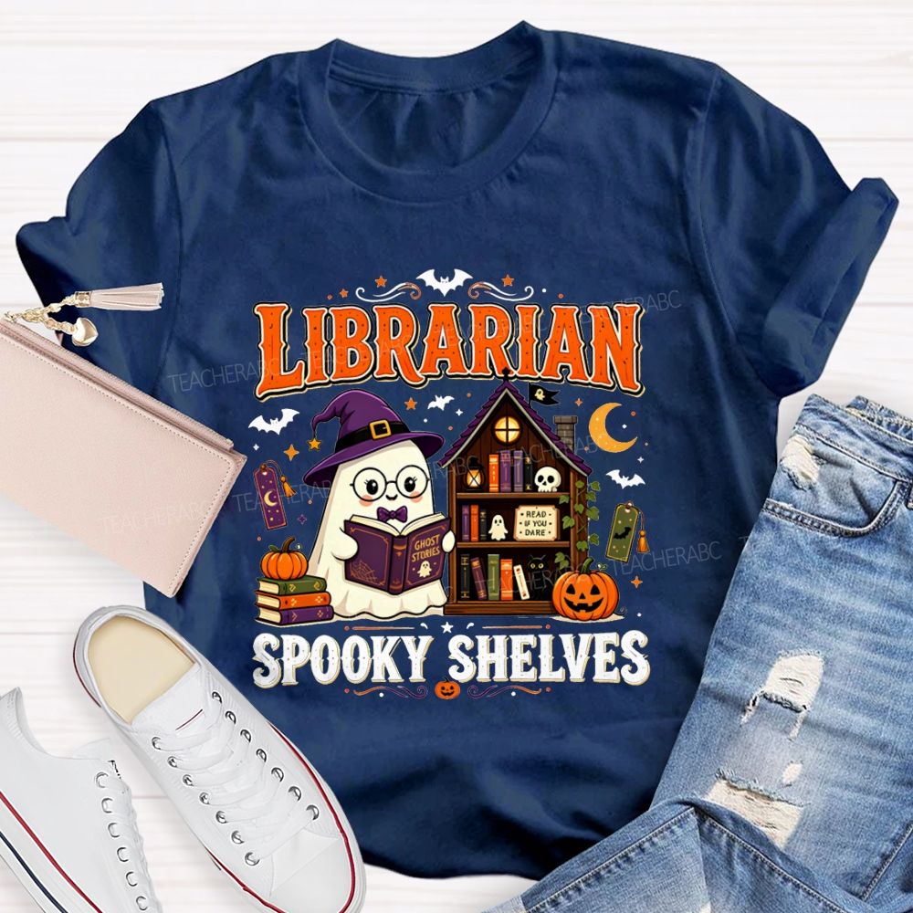 Librarian Spooky Shelves Ghost Witch Hat Halloween Librarian T-shirt