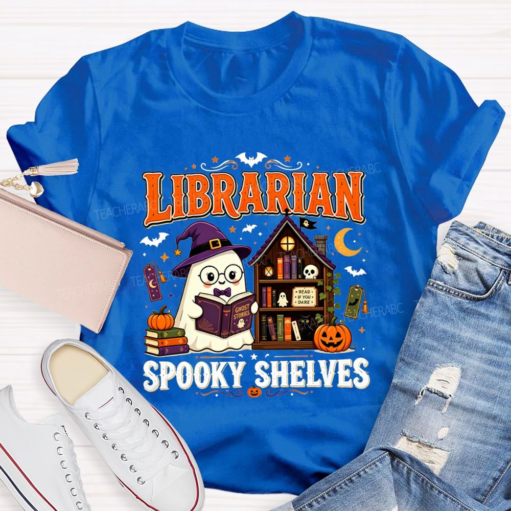 Librarian Spooky Shelves Ghost Witch Hat Halloween Librarian T-shirt
