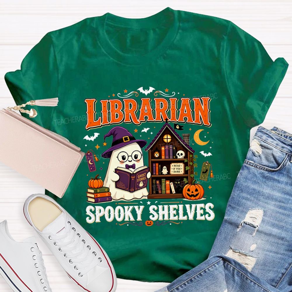 Librarian Spooky Shelves Ghost Witch Hat Halloween Librarian T-shirt