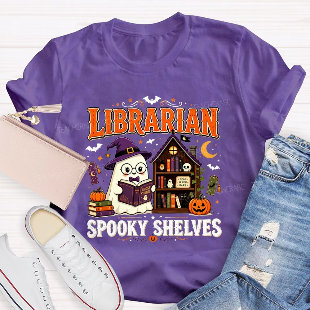 Librarian Spooky Shelves Ghost Witch Hat Halloween Librarian T-shirt