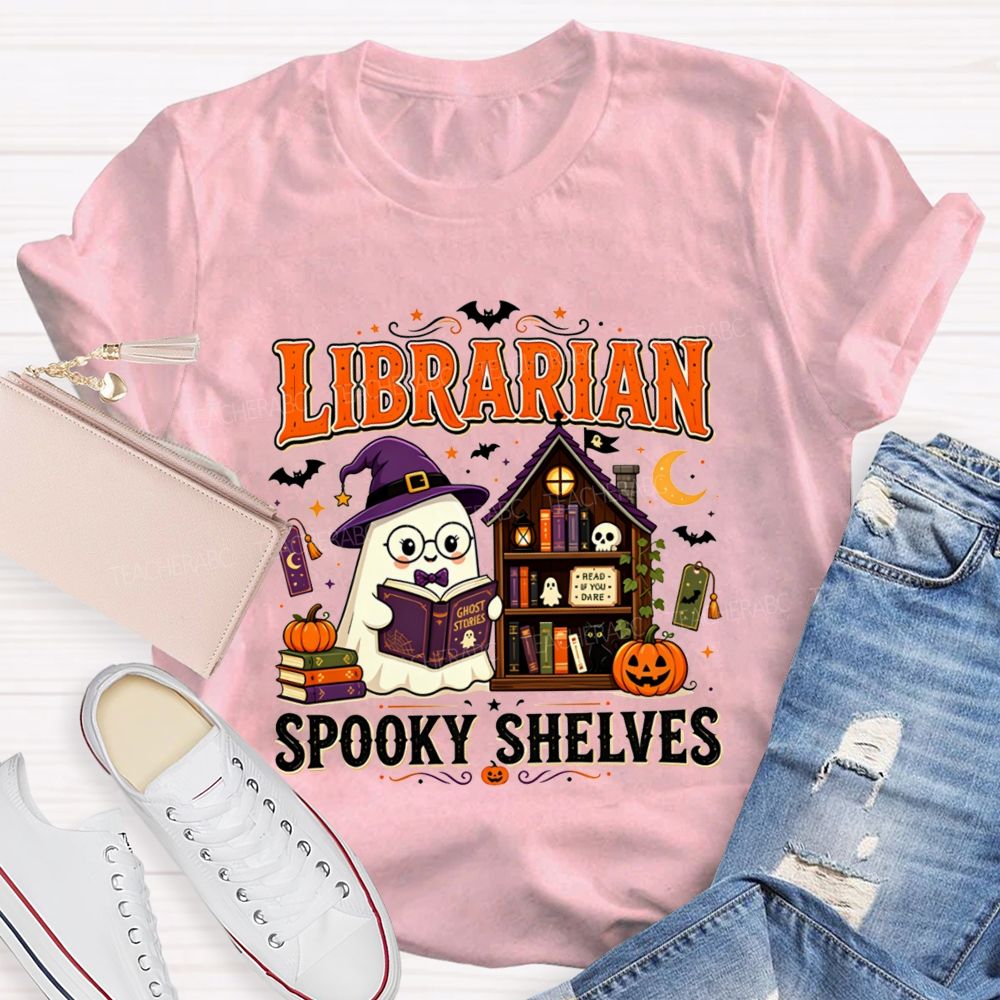 Librarian Spooky Shelves Ghost Witch Hat Halloween Librarian T-shirt