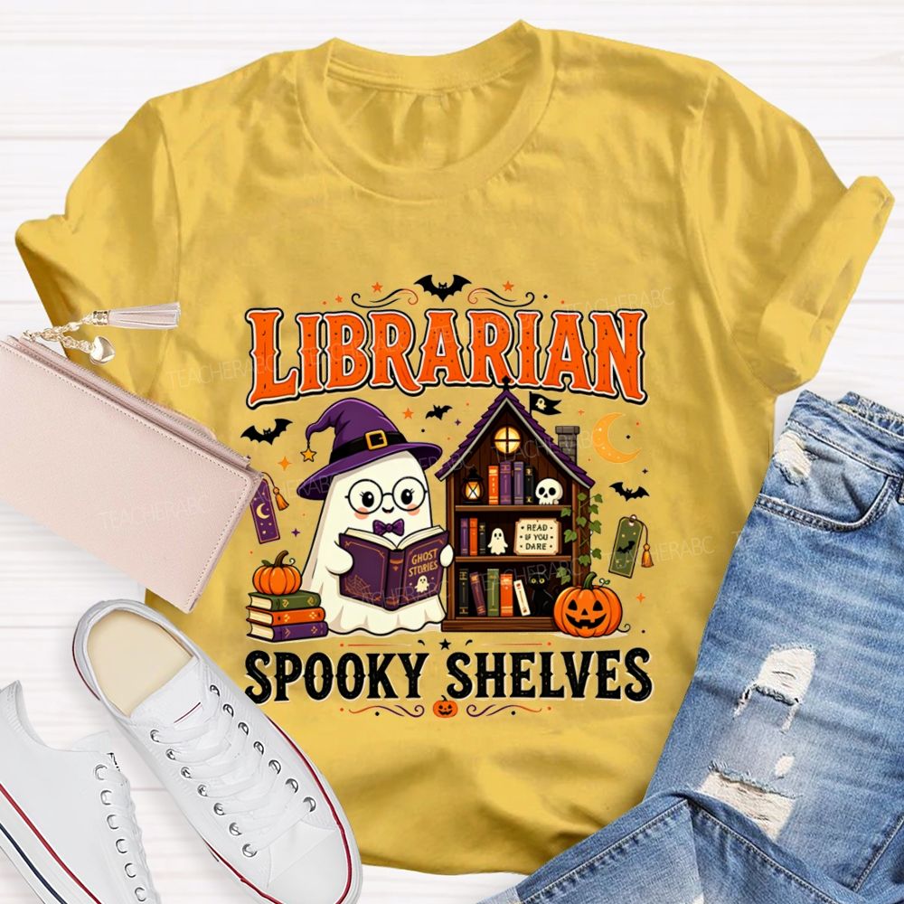 Librarian Spooky Shelves Ghost Witch Hat Halloween Librarian T-shirt