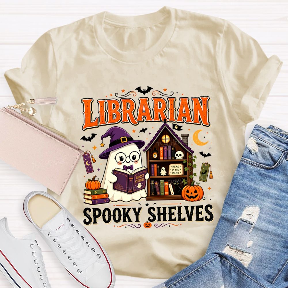 Librarian Spooky Shelves Ghost Witch Hat Halloween Librarian T-shirt