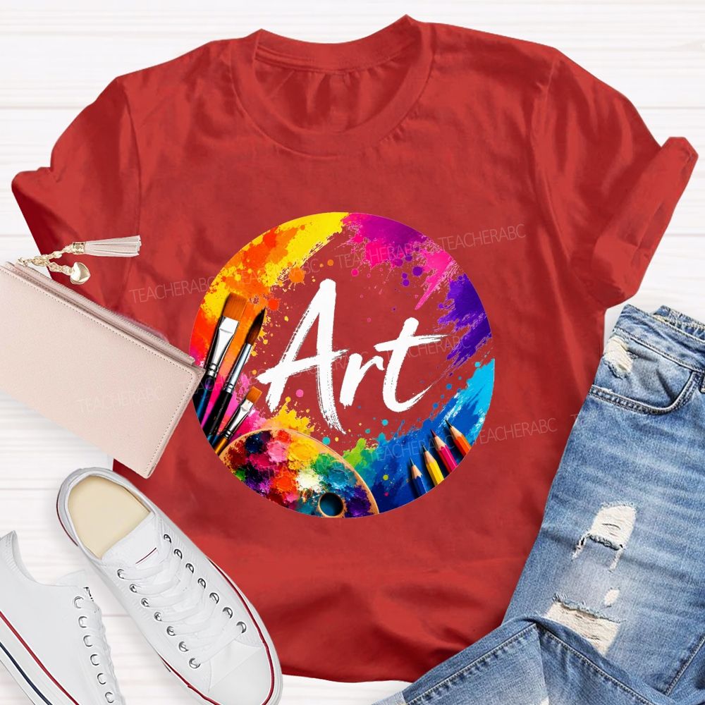 Colorful Art Circle Paint Splatter Palette Paintbrush Artist Teacher T-shirt