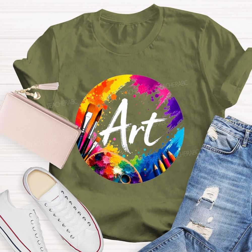 Colorful Art Circle Paint Splatter Palette Paintbrush Artist Teacher T-shirt