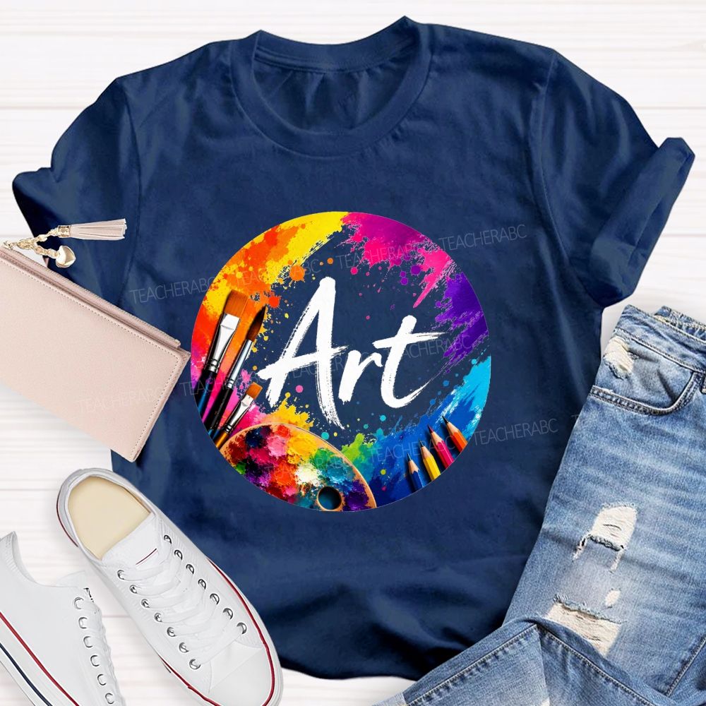 Colorful Art Circle Paint Splatter Palette Paintbrush Artist Teacher T-shirt