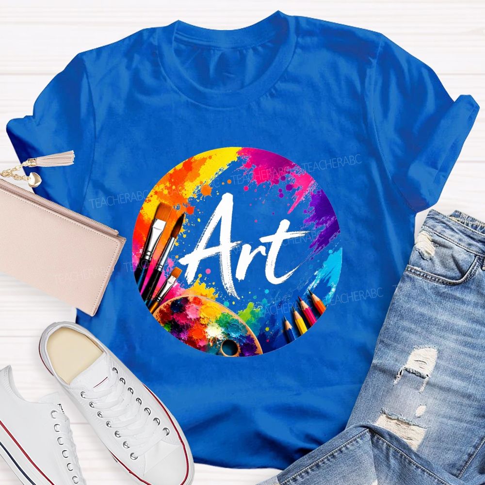 Colorful Art Circle Paint Splatter Palette Paintbrush Artist Teacher T-shirt