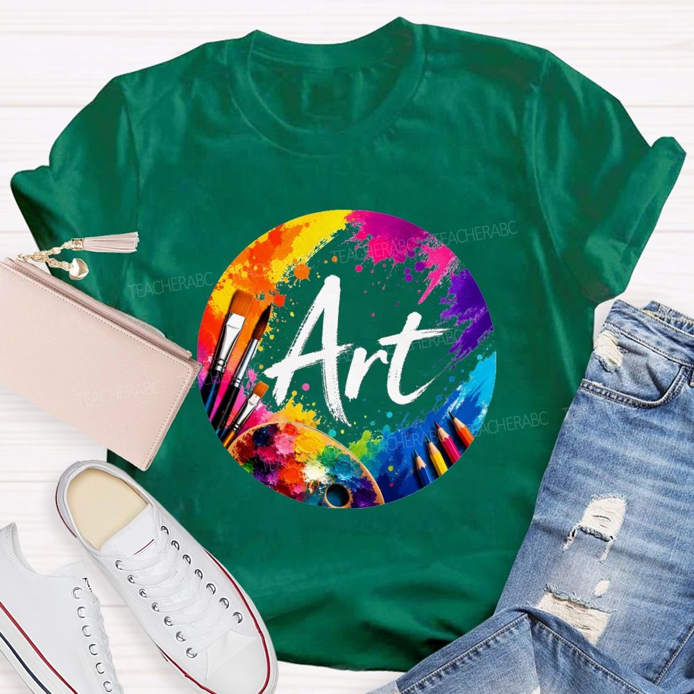 Colorful Art Circle Paint Splatter Palette Paintbrush Artist Teacher T-shirt