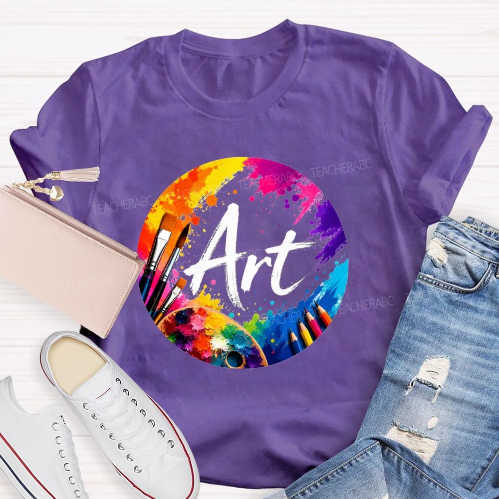 Colorful Art Circle Paint Splatter Palette Paintbrush Artist Teacher T-shirt