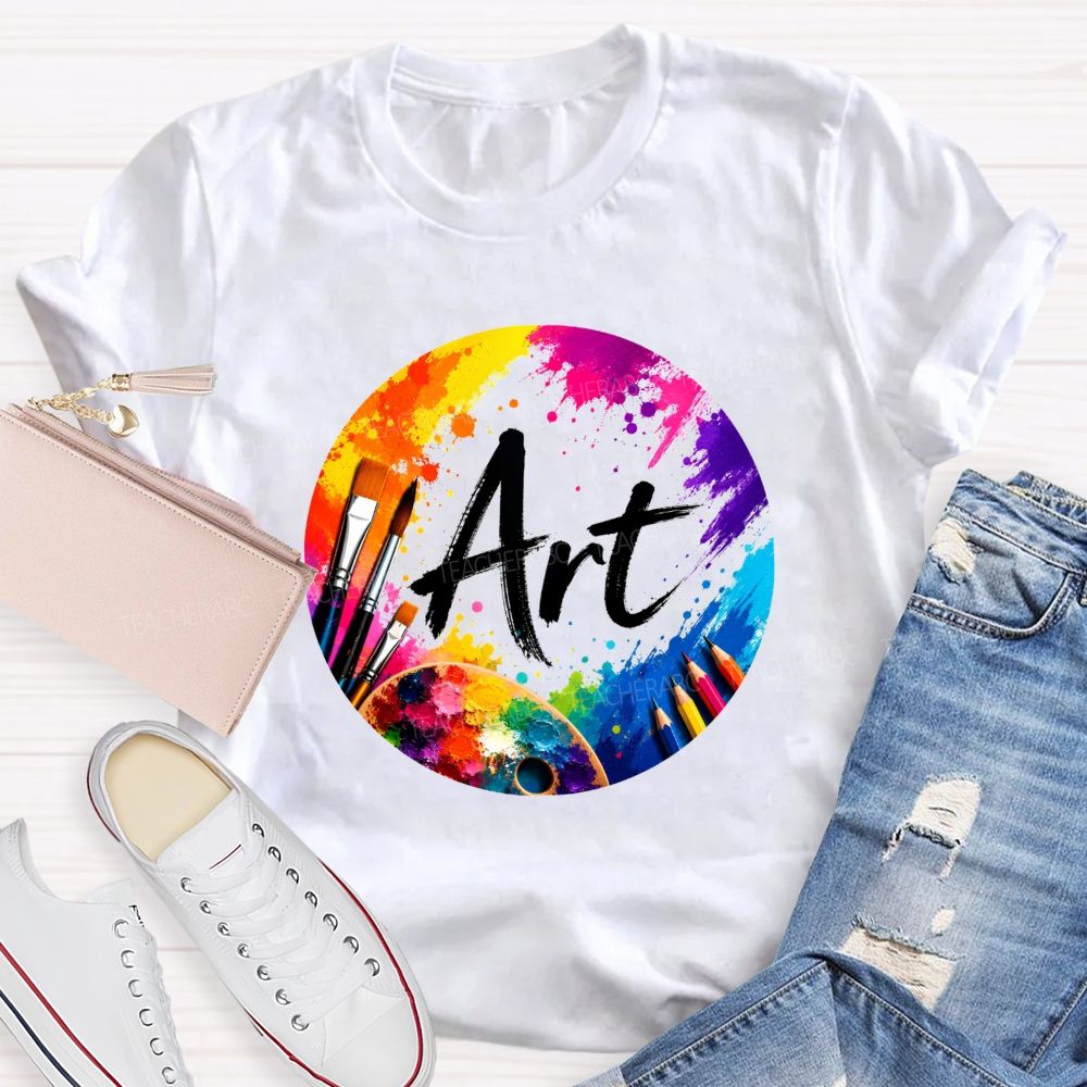 Colorful Art Circle Paint Splatter Palette Paintbrush Artist Teacher T-shirt