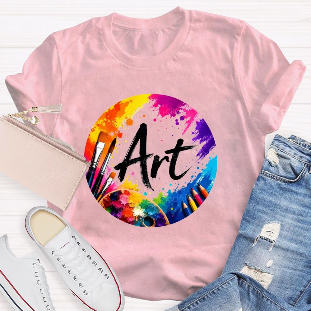 Colorful Art Circle Paint Splatter Palette Paintbrush Artist Teacher T-shirt