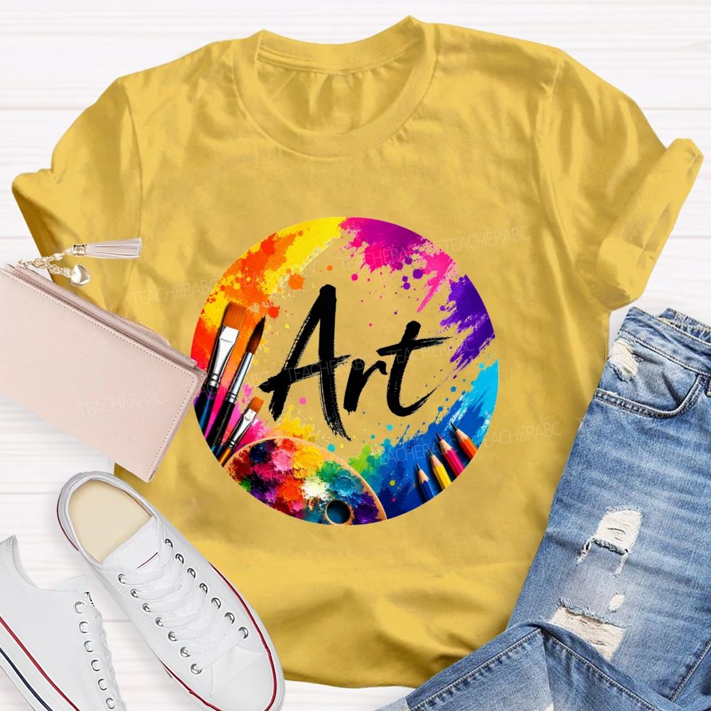Colorful Art Circle Paint Splatter Palette Paintbrush Artist Teacher T-shirt