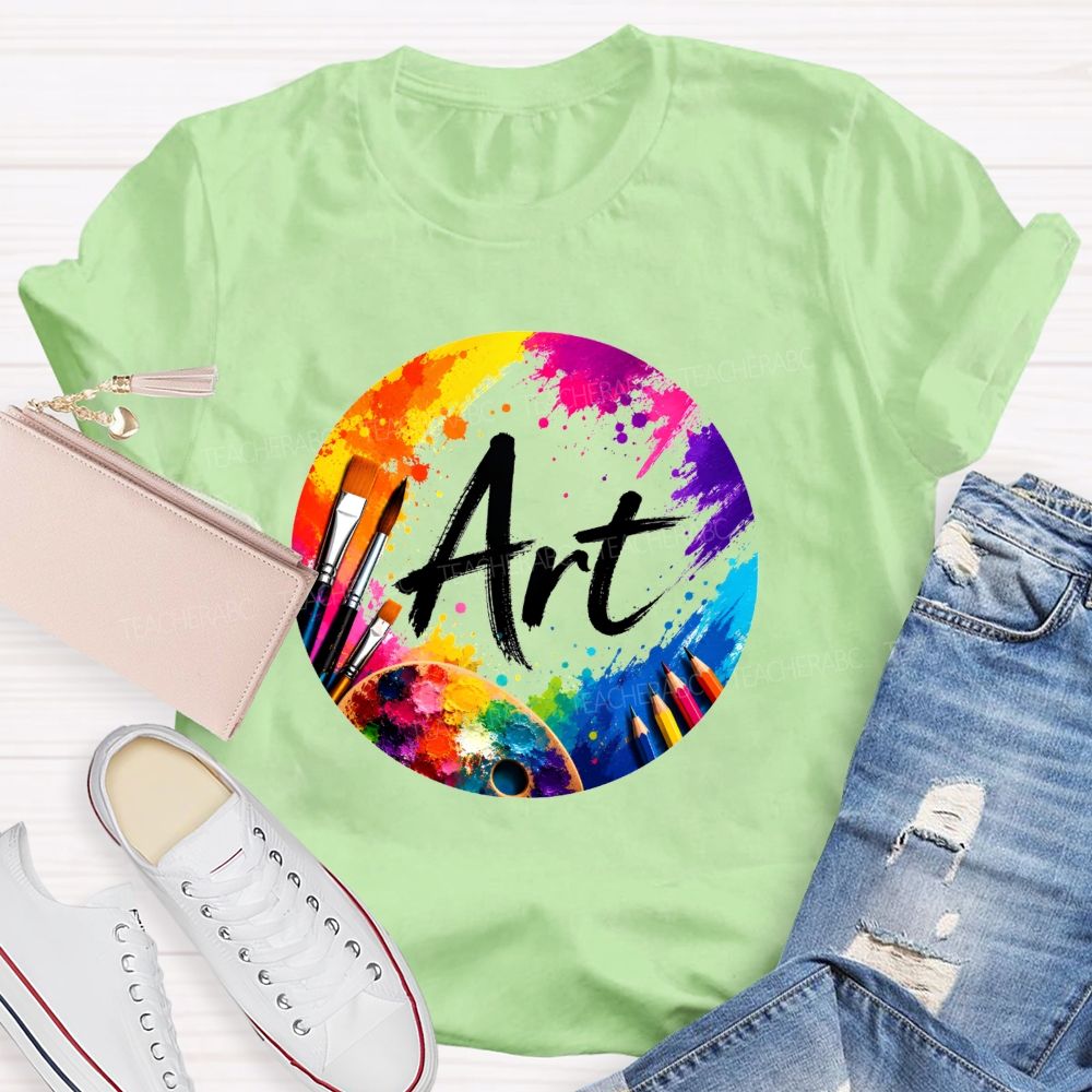 Colorful Art Circle Paint Splatter Palette Paintbrush Artist Teacher T-shirt