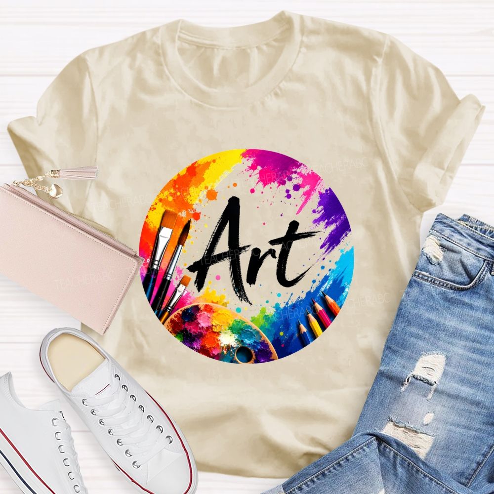 Colorful Art Circle Paint Splatter Palette Paintbrush Artist Teacher T-shirt
