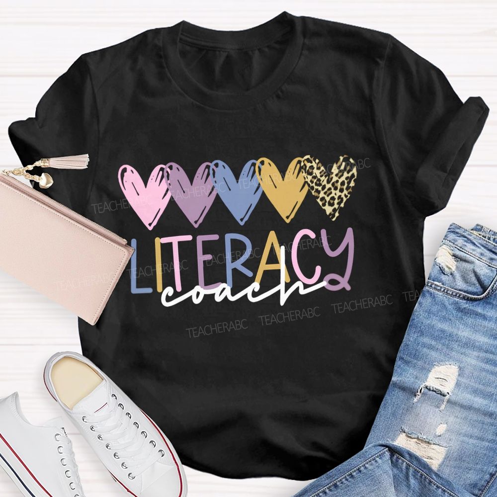Literacy Coach Colorful Hearts Leopard Teacher T-shirt