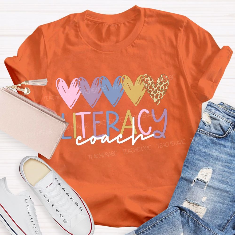 Literacy Coach Colorful Hearts Leopard Teacher T-shirt