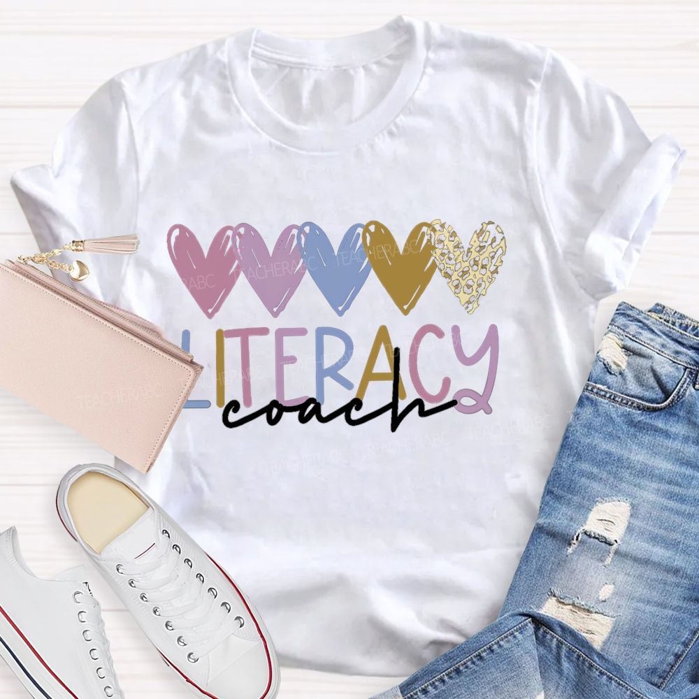 Literacy Coach Colorful Hearts Leopard Teacher T-shirt