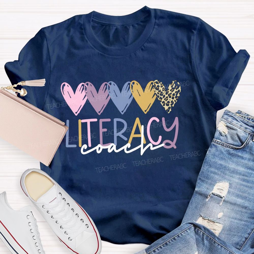 Literacy Coach Colorful Hearts Leopard Teacher T-shirt