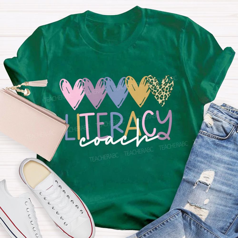 Literacy Coach Colorful Hearts Leopard Teacher T-shirt