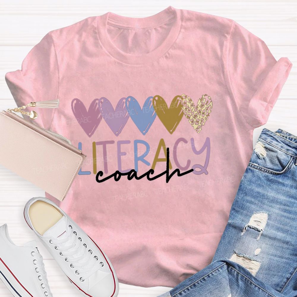 Literacy Coach Colorful Hearts Leopard Teacher T-shirt