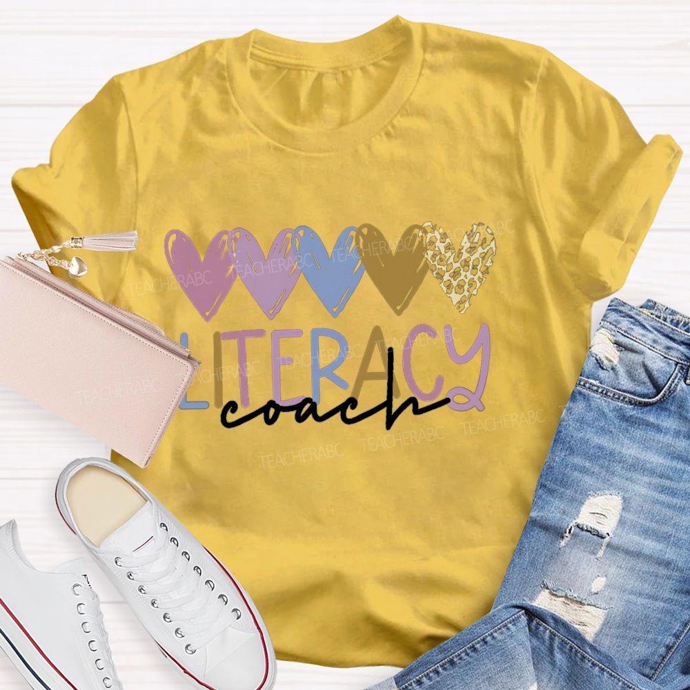 Literacy Coach Colorful Hearts Leopard Teacher T-shirt