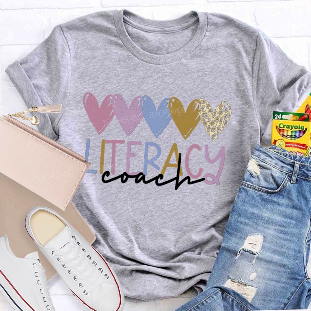 Literacy Coach Colorful Hearts Leopard Teacher T-shirt