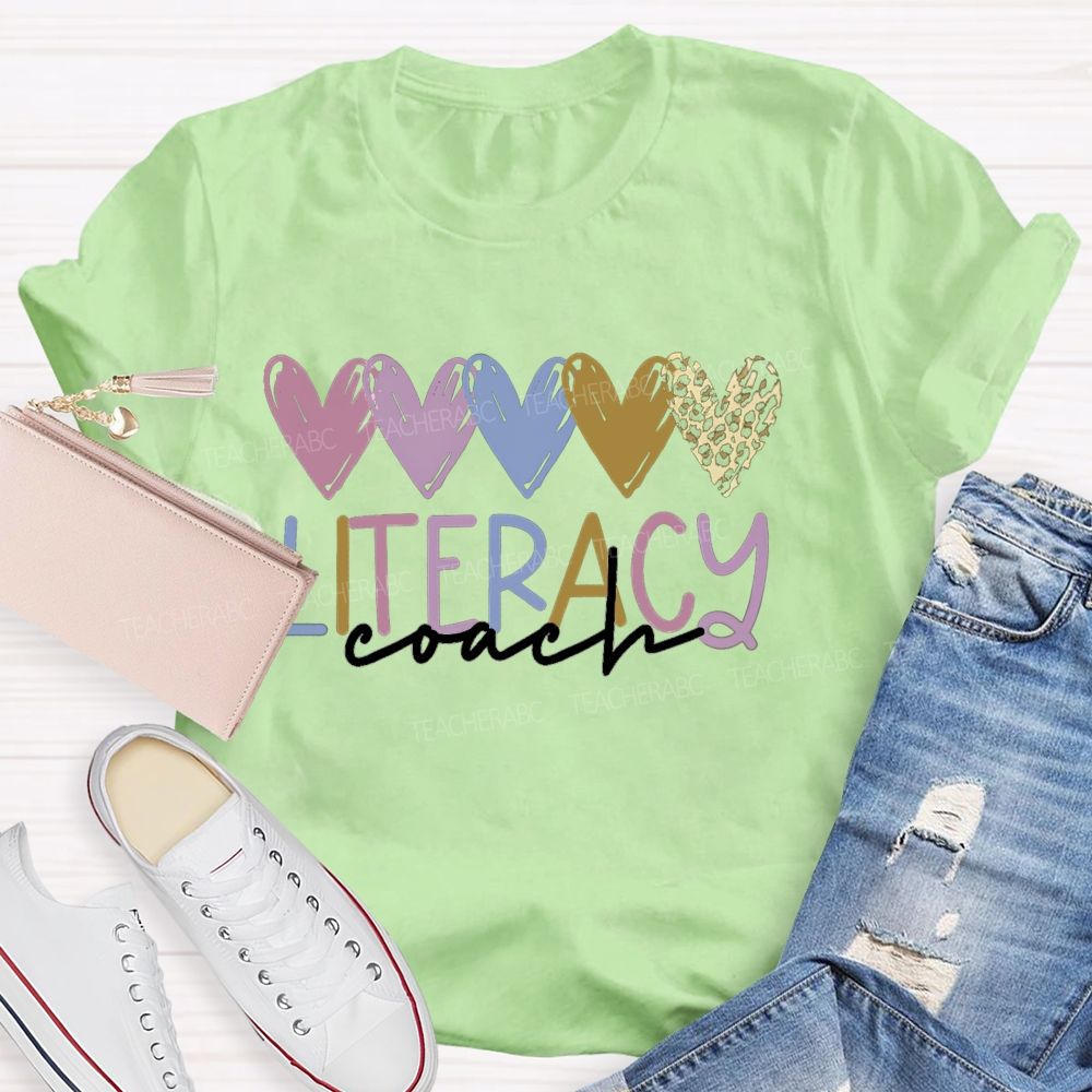 Literacy Coach Colorful Hearts Leopard Teacher T-shirt