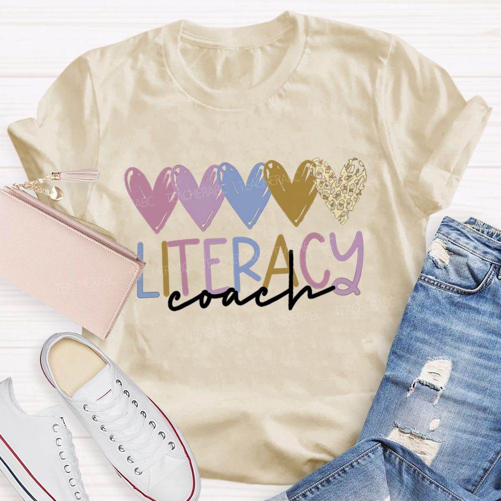 Literacy Coach Colorful Hearts Leopard Teacher T-shirt