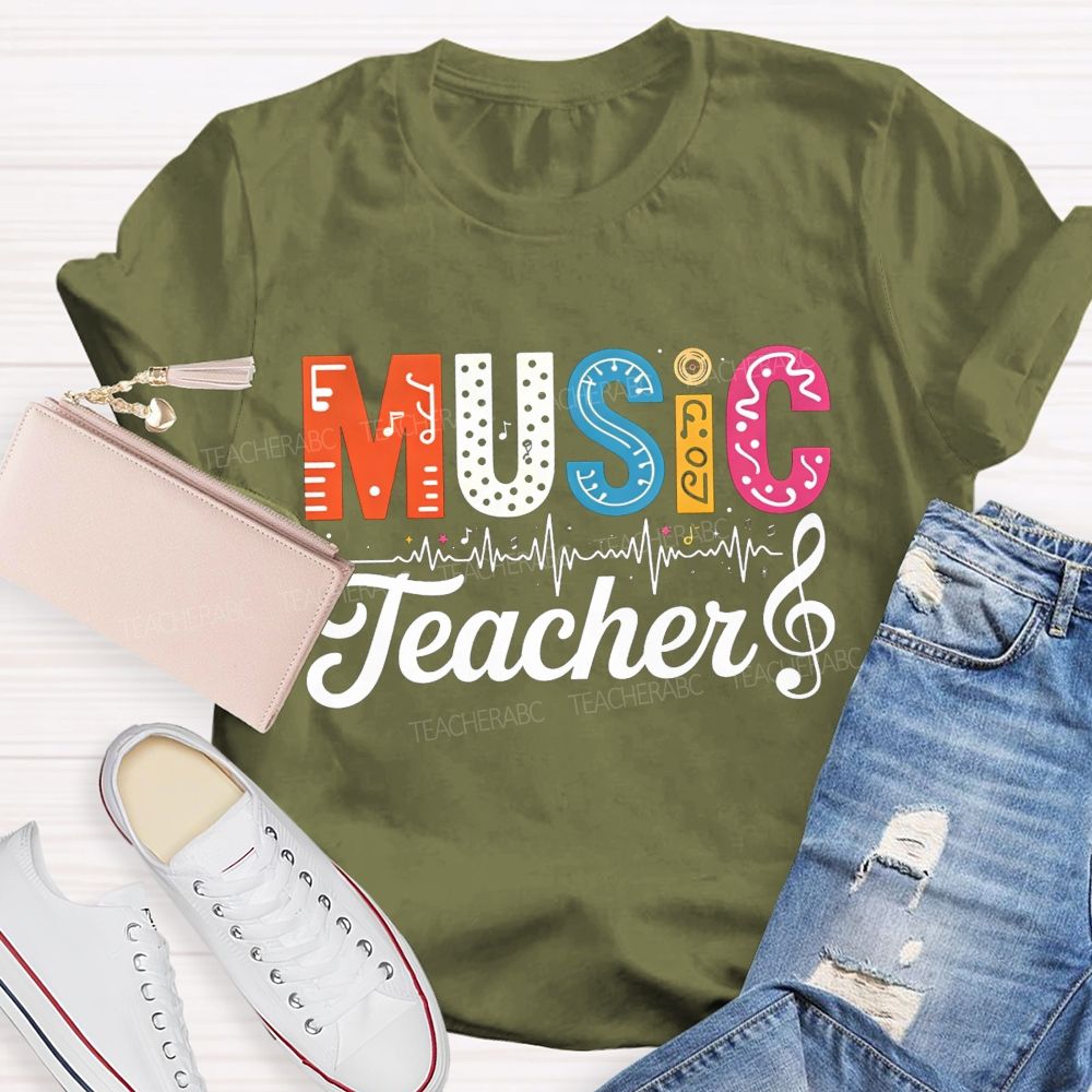 Music Teacher Colorful Letter Music Note Teacher T-shirt