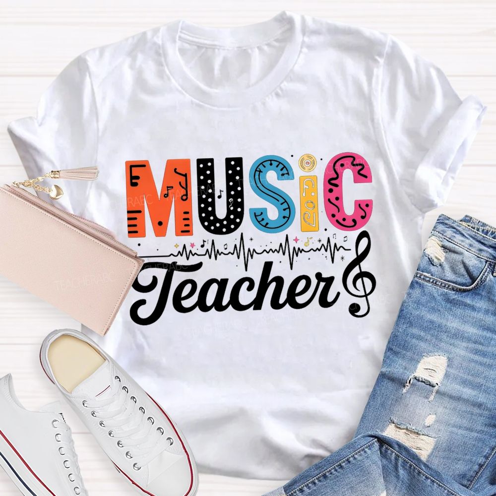 Music Teacher Colorful Letter Music Note Teacher T-shirt