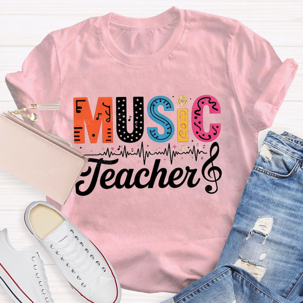 Music Teacher Colorful Letter Music Note Teacher T-shirt
