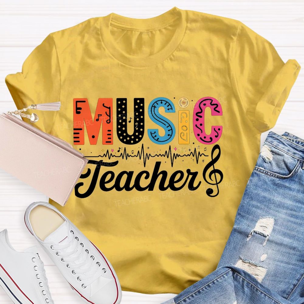 Music Teacher Colorful Letter Music Note Teacher T-shirt