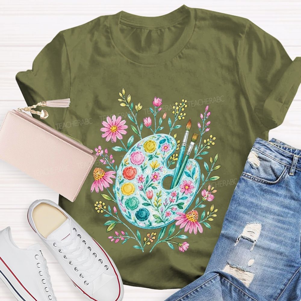 Watercolor Floral Paint Palette Artist Teacher T-shirt