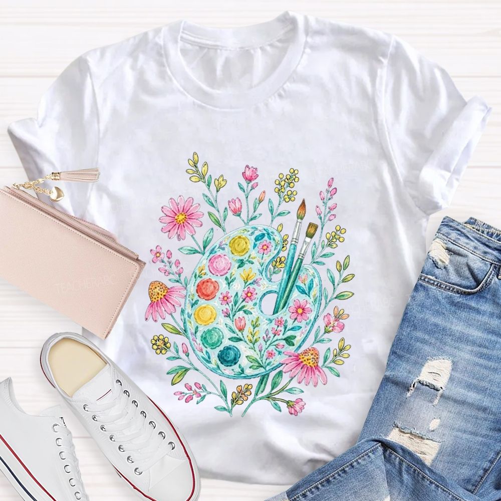 Watercolor Floral Paint Palette Artist Teacher T-shirt