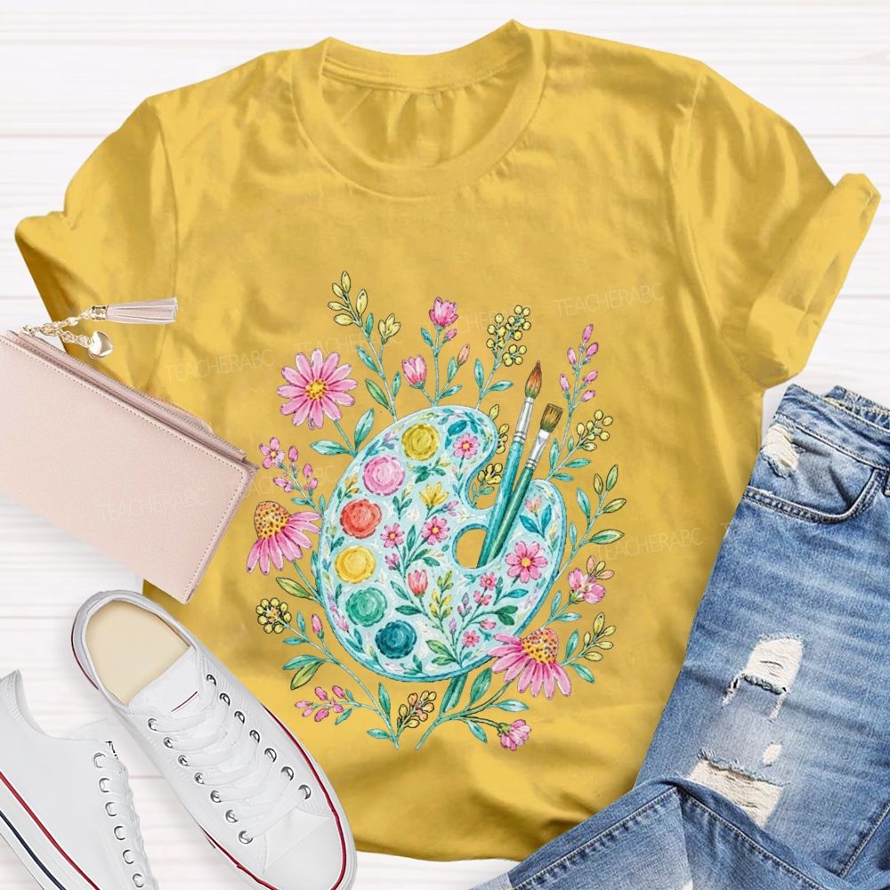 Watercolor Floral Paint Palette Artist Teacher T-shirt