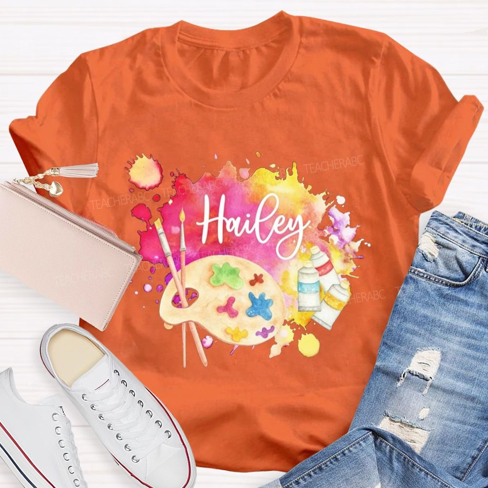 Personalized Name Art Teacher Watercolor Paint Splash Artist Palette Teacher T-shirt
