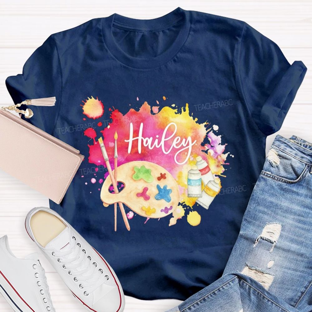 Personalized Name Art Teacher Watercolor Paint Splash Artist Palette Teacher T-shirt