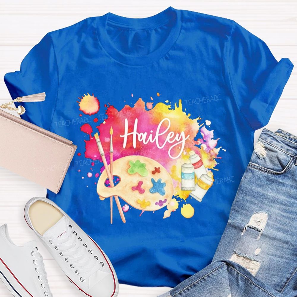 Personalized Name Art Teacher Watercolor Paint Splash Artist Palette Teacher T-shirt
