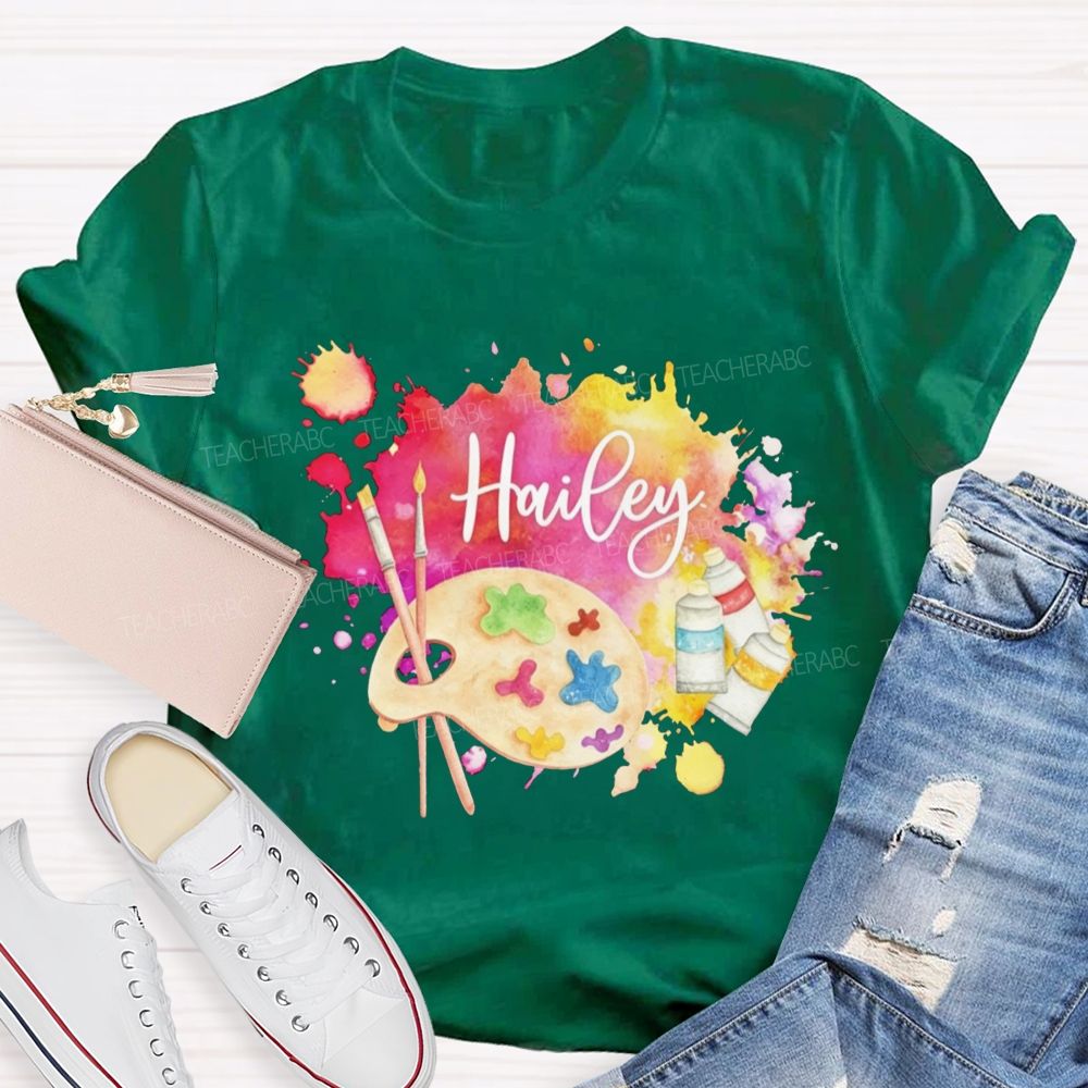 Personalized Name Art Teacher Watercolor Paint Splash Artist Palette Teacher T-shirt