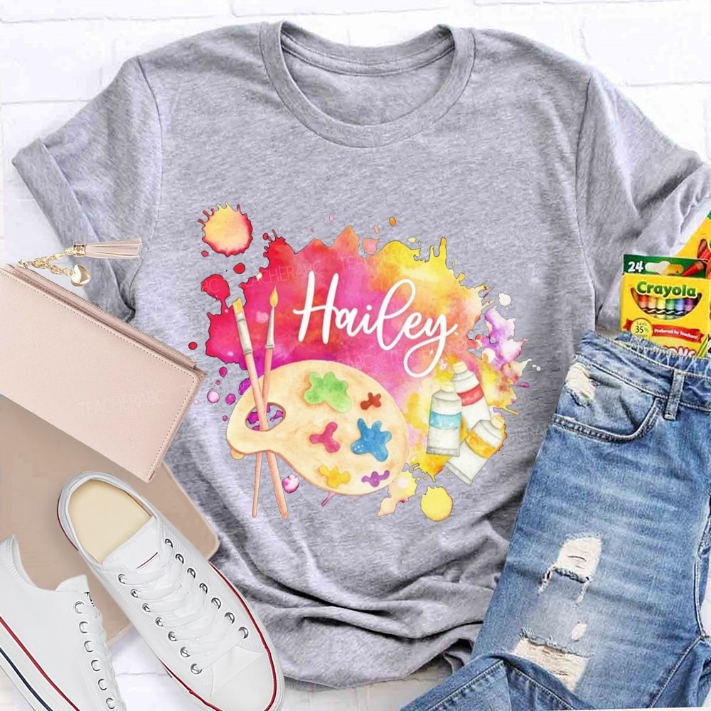 Personalized Name Art Teacher Watercolor Paint Splash Artist Palette Teacher T-shirt