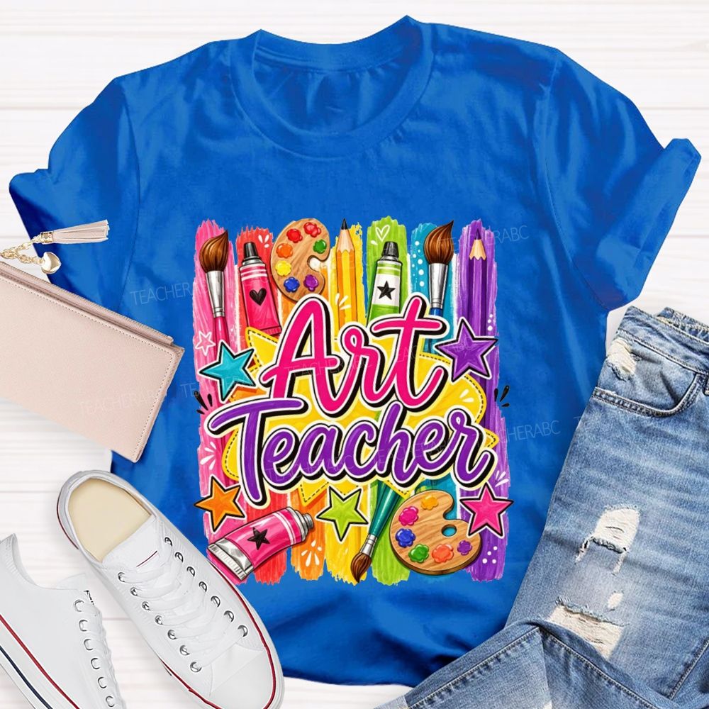 Art Teacher Colorful Paint Strokes Paint Palette Brush Pencil Star Teacher T-shirt