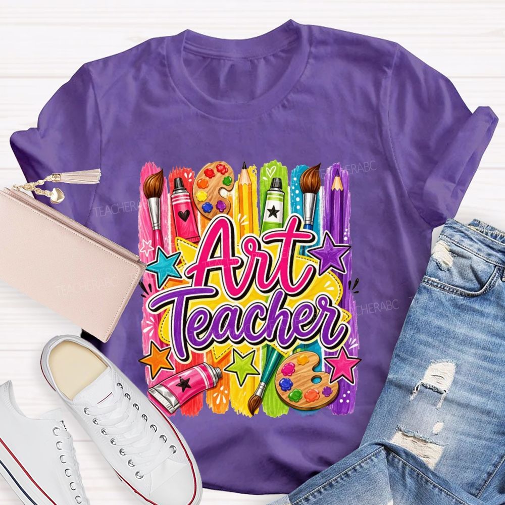 Art Teacher Colorful Paint Strokes Paint Palette Brush Pencil Star Teacher T-shirt