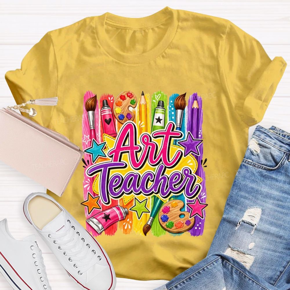 Art Teacher Colorful Paint Strokes Paint Palette Brush Pencil Star Teacher T-shirt