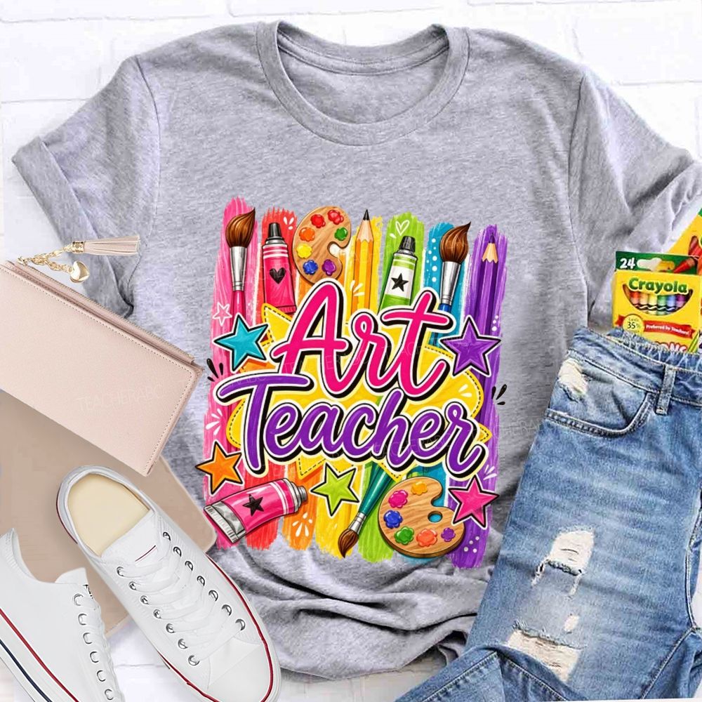 Art Teacher Colorful Paint Strokes Paint Palette Brush Pencil Star Teacher T-shirt